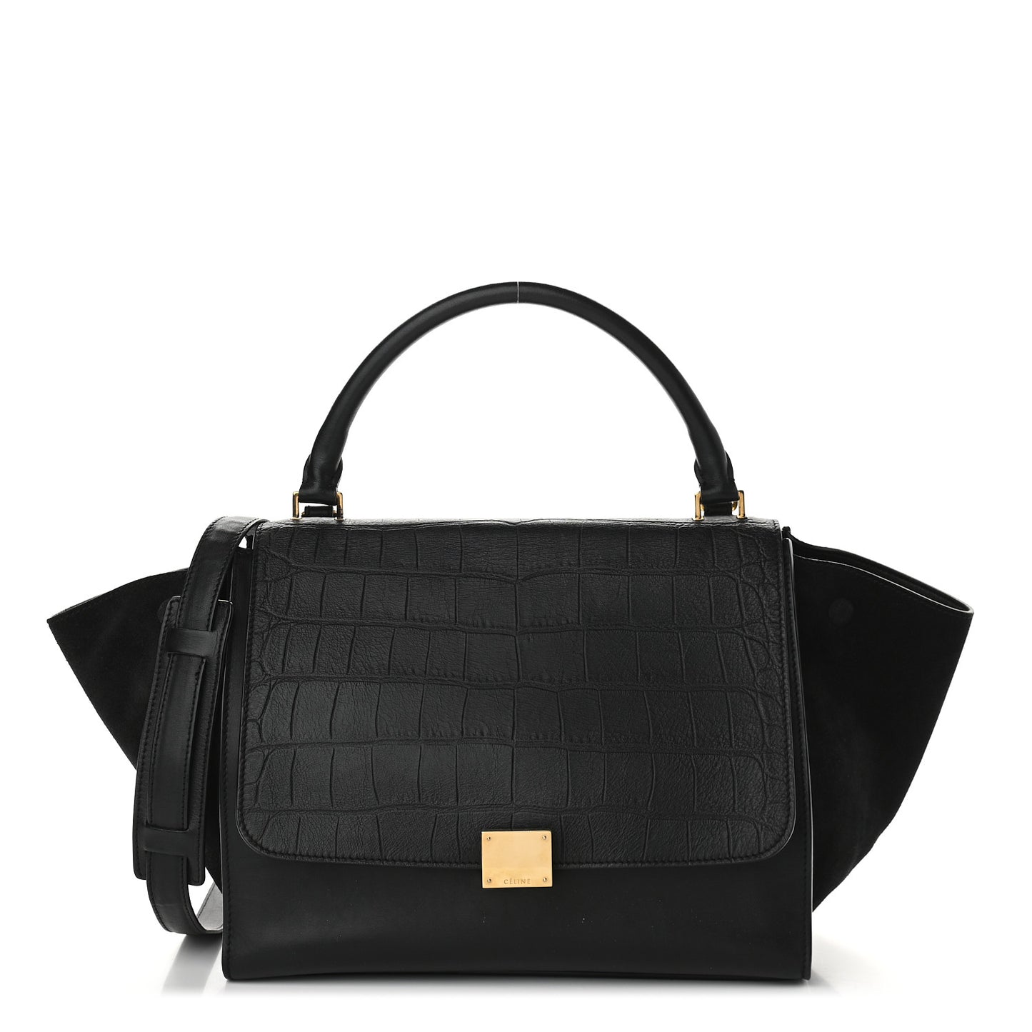Crocodile Embossed Calfskin Suede Medium Trapeze Black