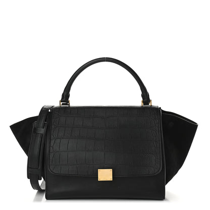 Celine Crocodile Embossed Calfskin Suede Medium Trapeze Black 2 of 9