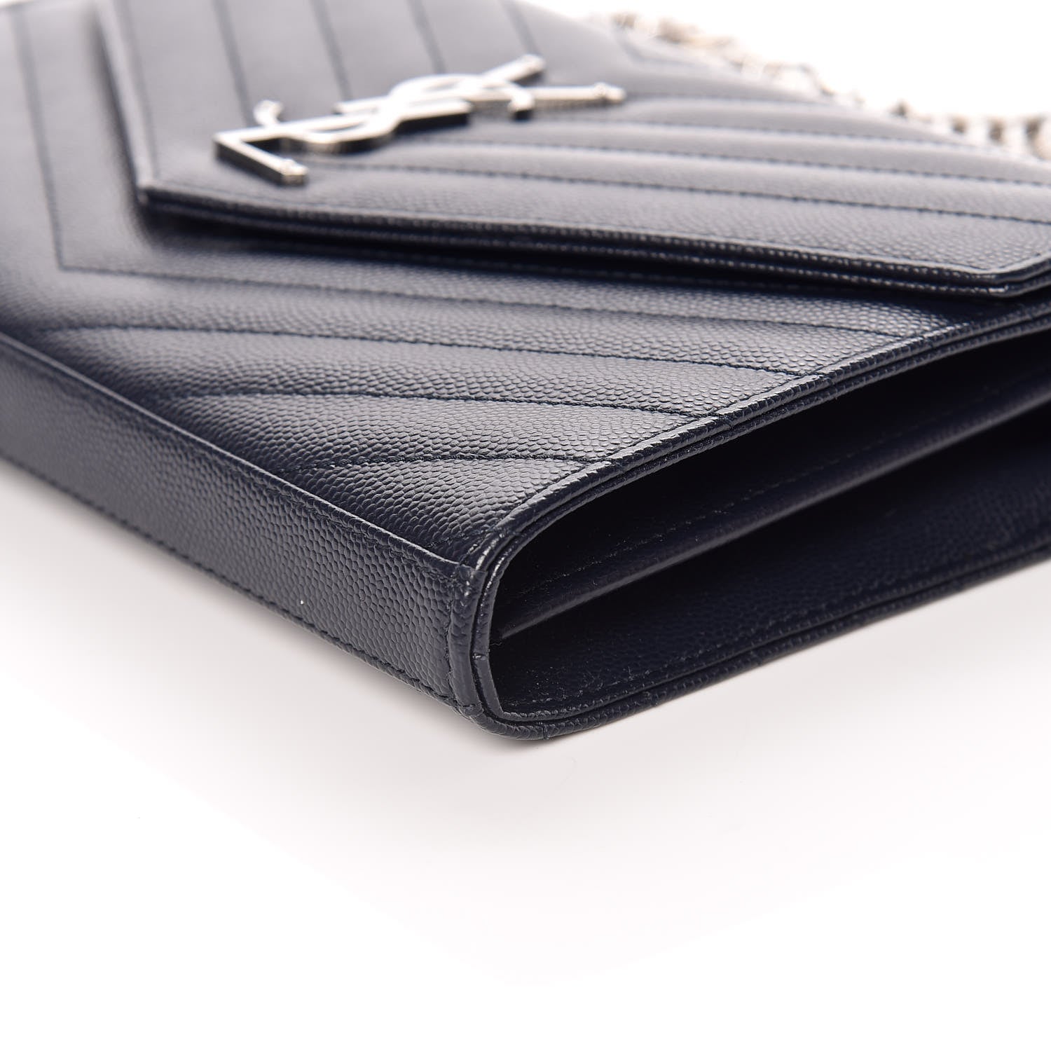 Saint Laurent Grain De Poudre Matelasse Chevron Monogram Chain Wallet Deep Marine 10 of 12