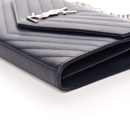 Saint Laurent Grain De Poudre Matelasse Chevron Monogram Chain Wallet Deep Marine 10 of 12