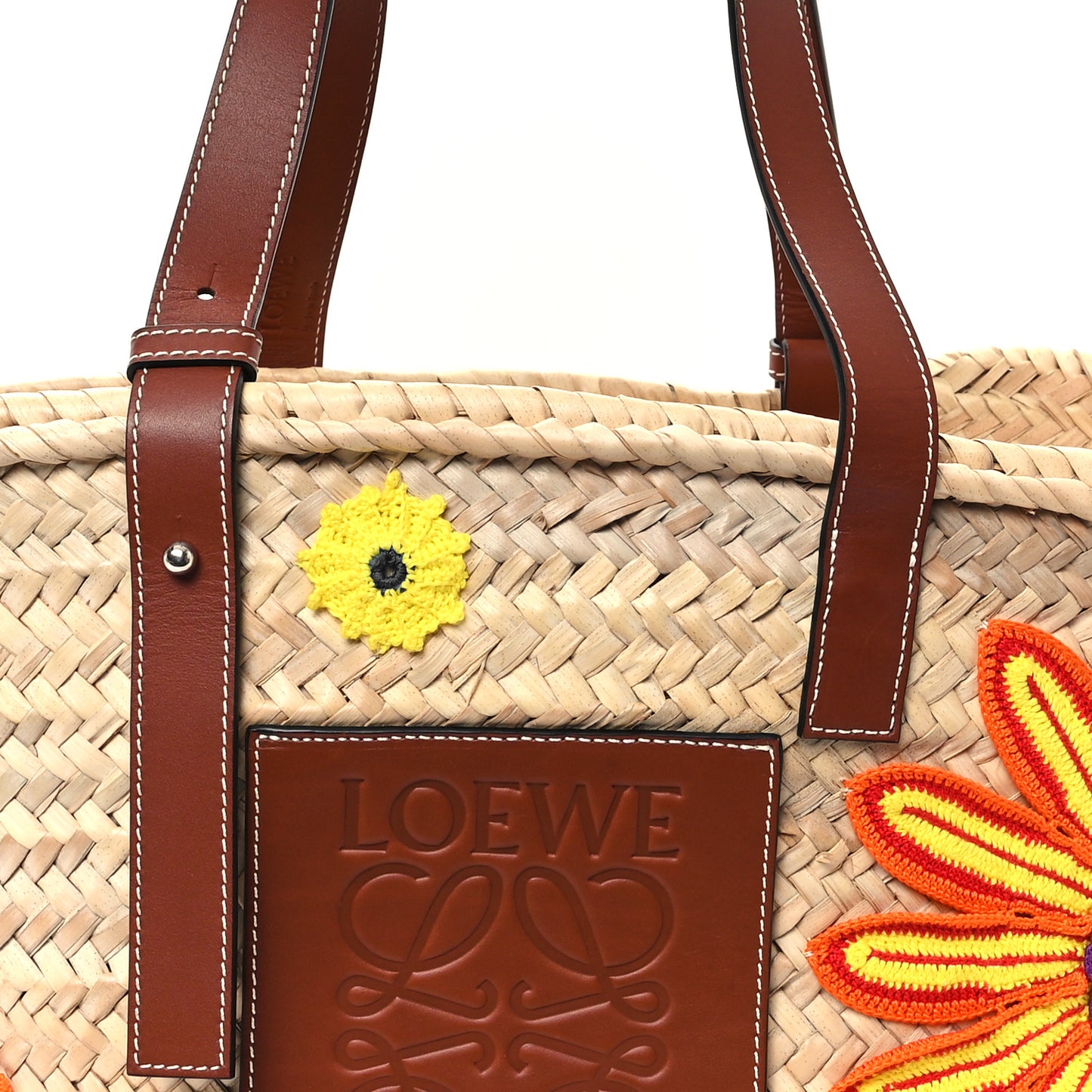 Raffia Floral Embroidered Medium Basket Tote Bag Natural Tan