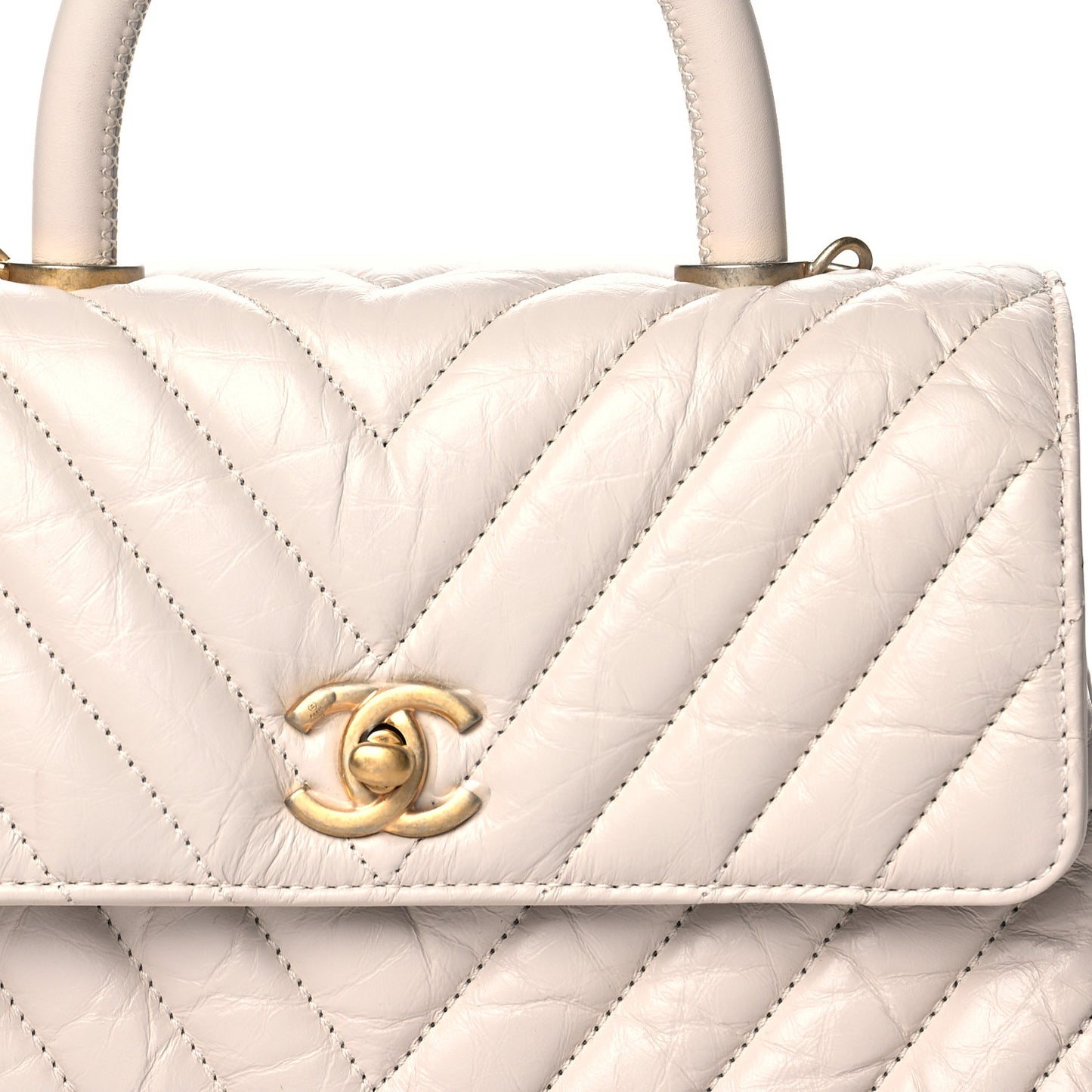 Aged Calfskin Chevron Quilted Mini Coco Handle Flap Ivory