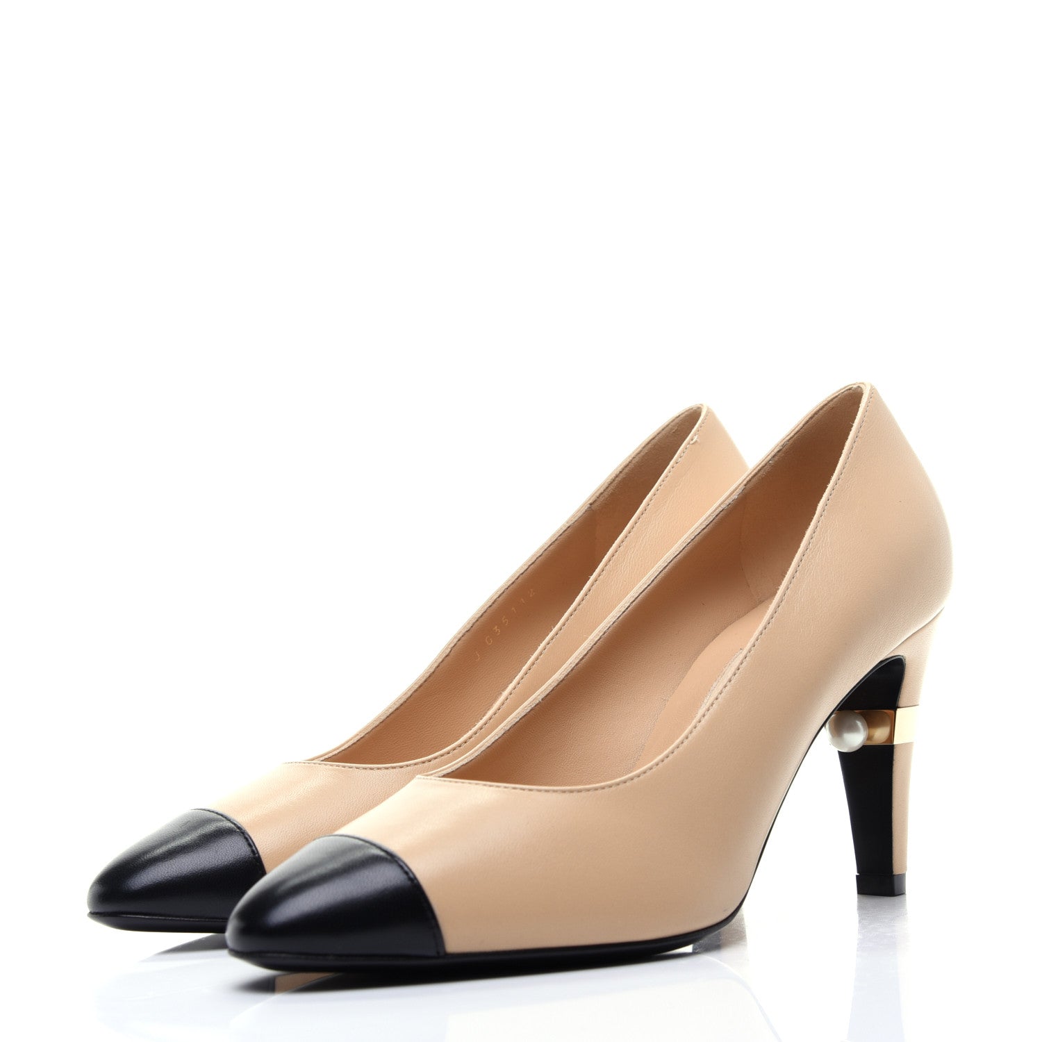 Chanel Lambskin Patent Cap Toe Pearl Pumps 37.5 Beige Black 4 of 13