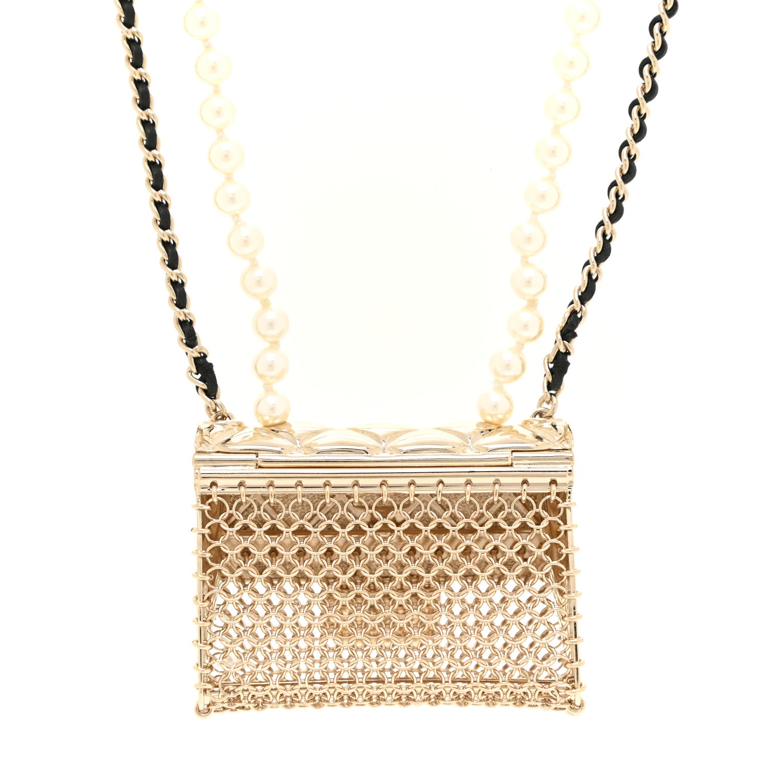 Chanel Metal Lambskin Pearl Chain Flap Bag Long Necklace Gold Black Pearly White 5 of 6