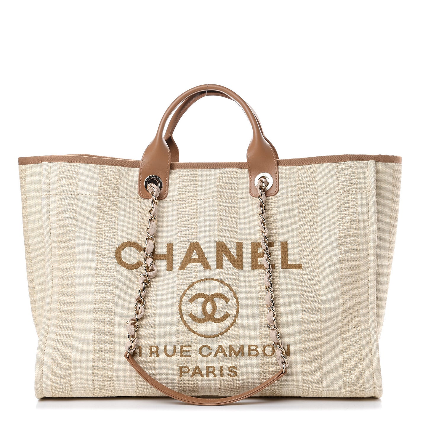 Straw Raffia Calfskin Striped Large Deauville Tote Beige
