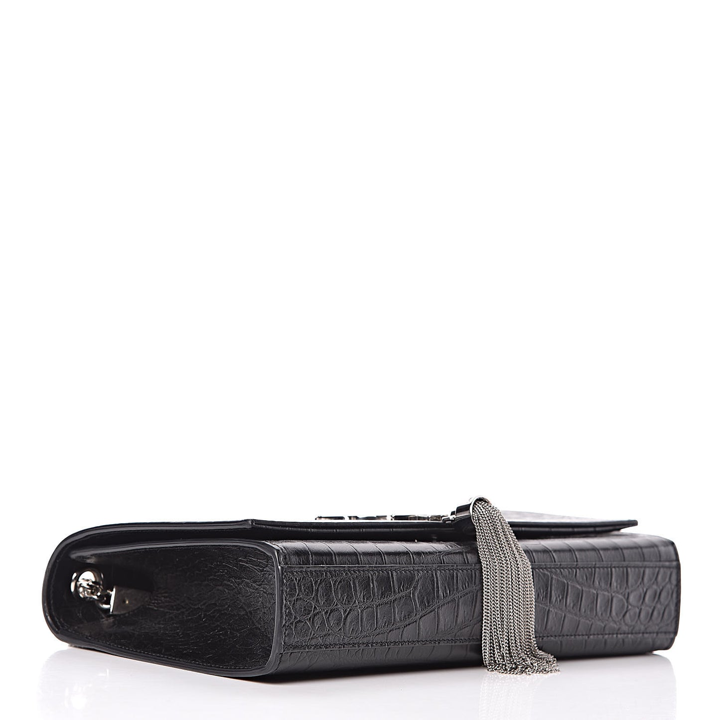 Calfskin Crocodile Embossed Medium Classic Monogram Kate Tassel Satchel Black