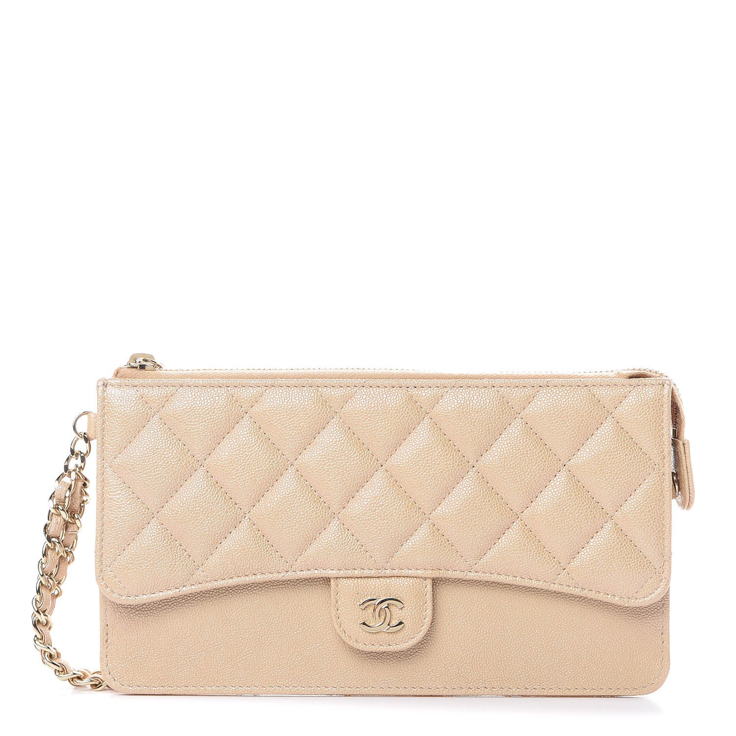 Iridescent Caviar Quilted Classic Pouch With Handle Beige