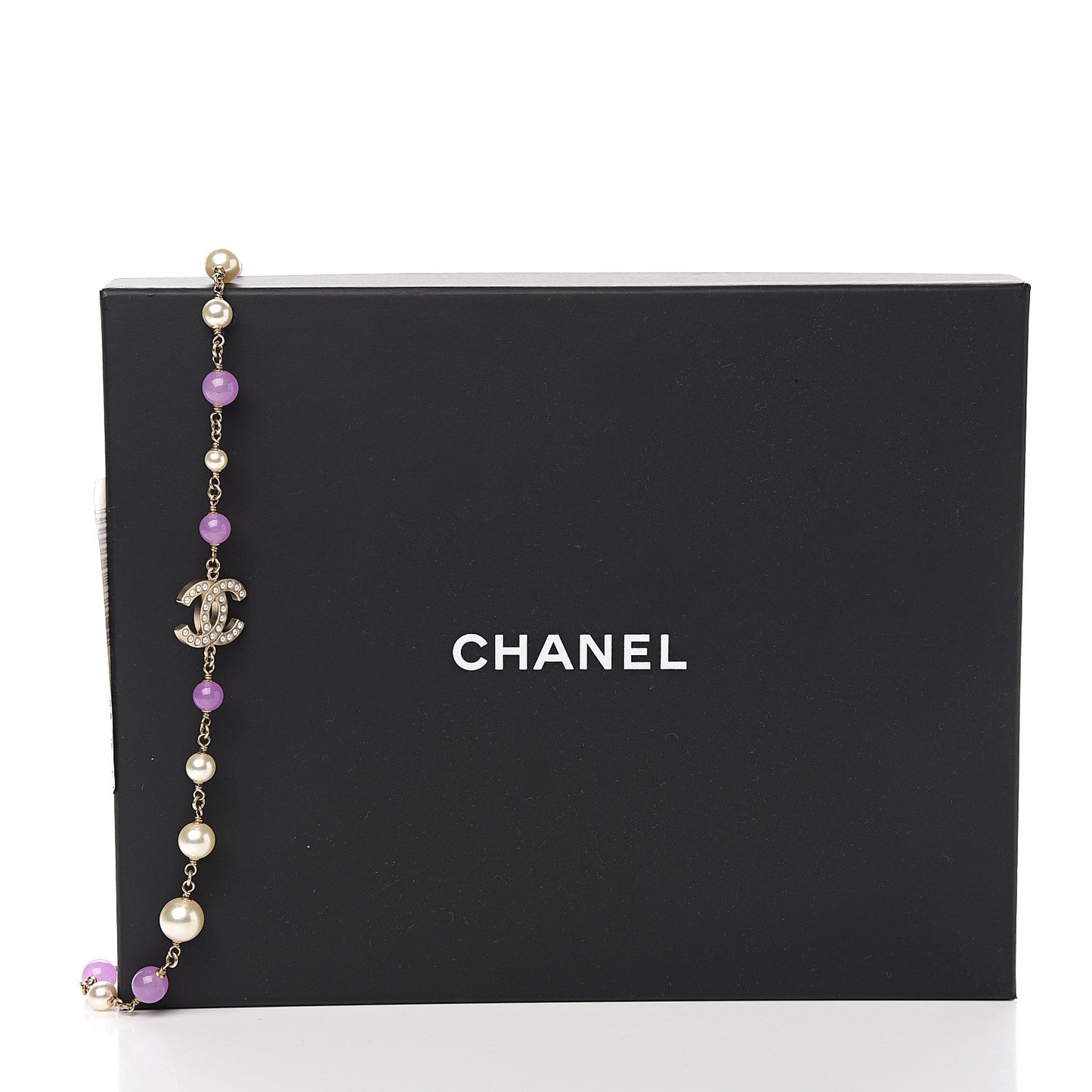 Pearl Beaded Enamel CC Long Necklace Gold Lilac