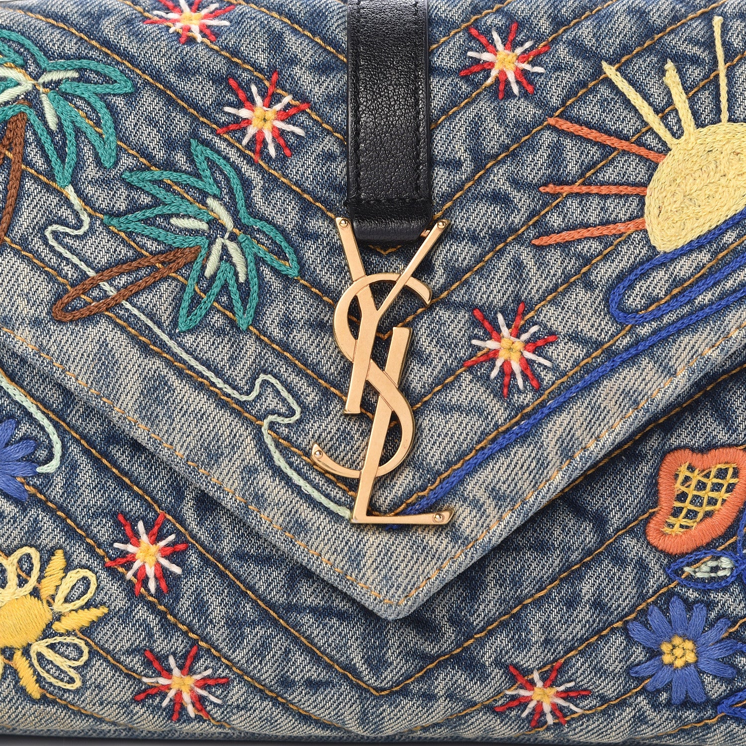 Saint Laurent Denim Matelasse Chevron Summer Embroidered Monogram Medium College Bag Blue 14 of 16