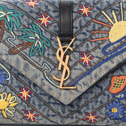 Saint Laurent Denim Matelasse Chevron Summer Embroidered Monogram Medium College Bag Blue 14 of 16