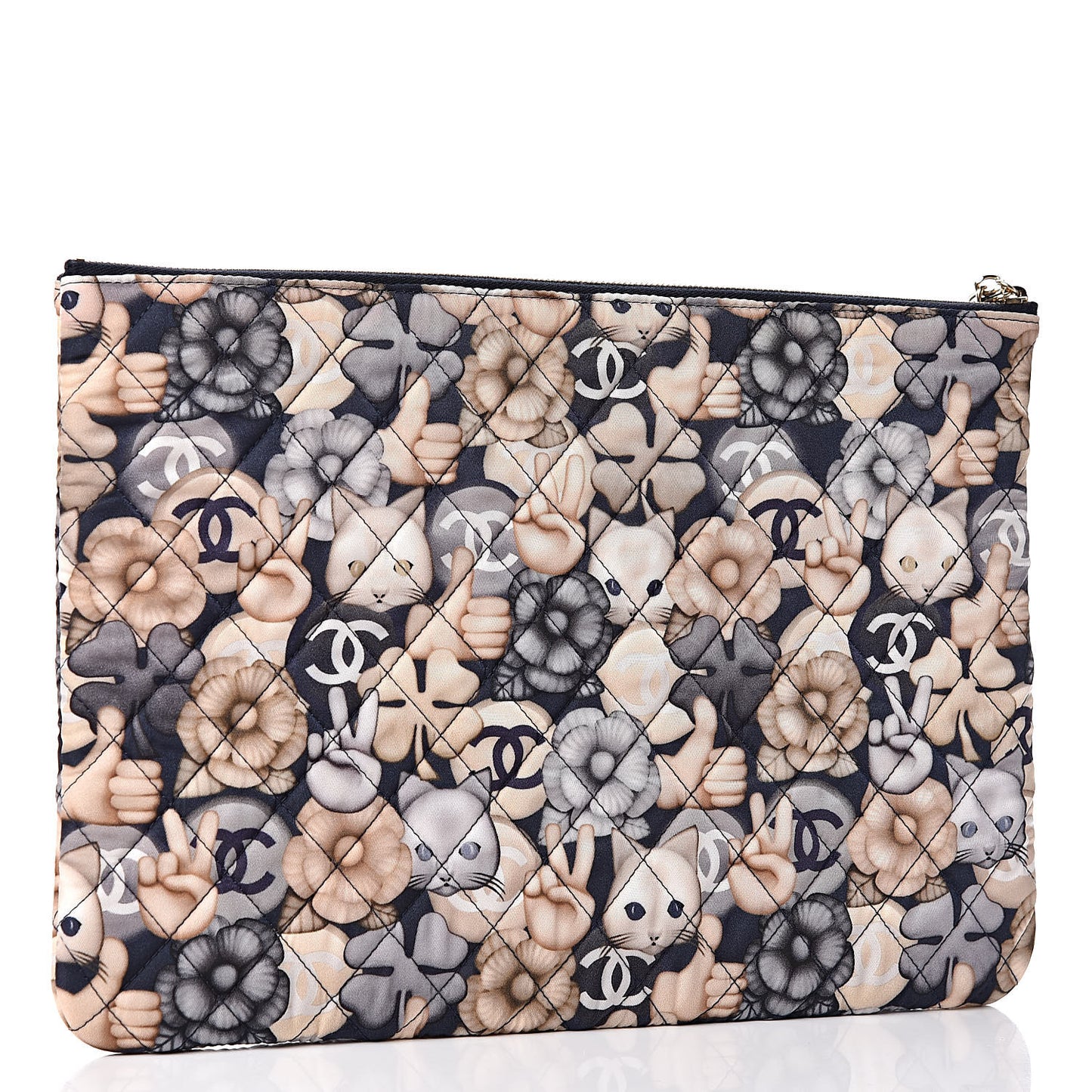 Nylon Quilted Large Cat Emoticon Cosmetic Case Navy