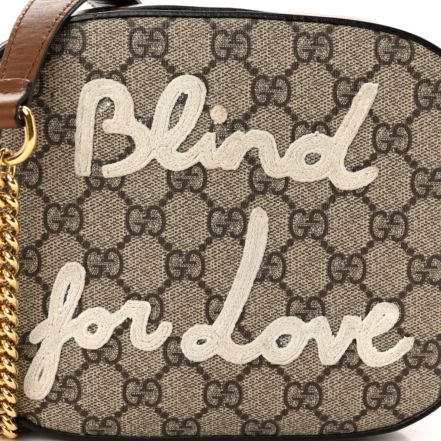 GG Supreme Monogram Blind For Love Embroidered Mini Chain Shoulder Bag Beige Tuscany