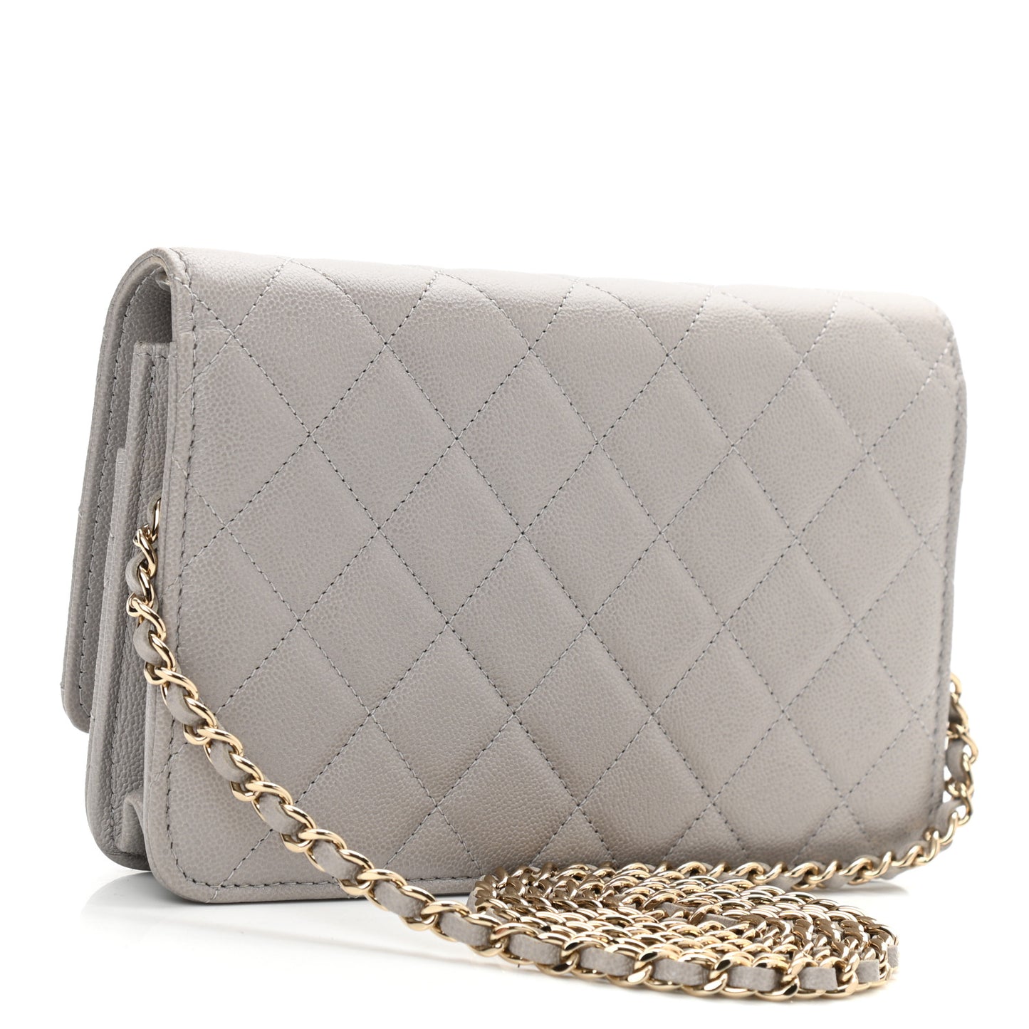 Caviar Quilted Studded CC Wallet On Chain WOC Grey