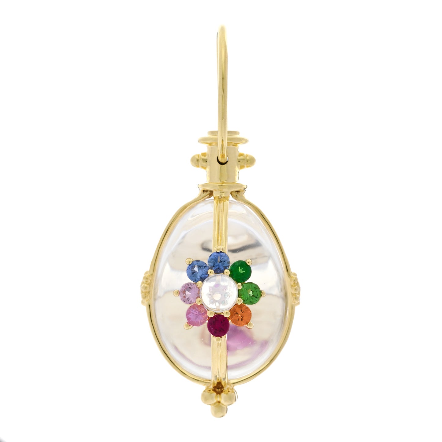 18K Yellow Gold Diamond Rock Crystal Multi Gemstone Floral Amulet Pendant