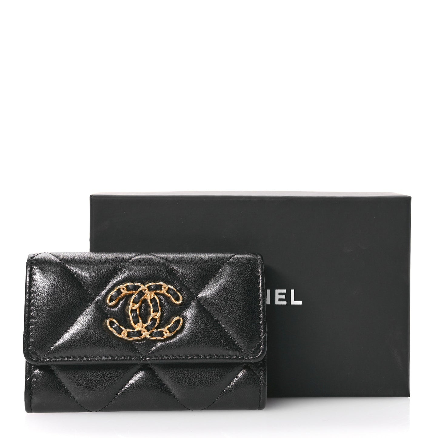 Lambskin Quilted Chanel 19 Flap Card Holder Black