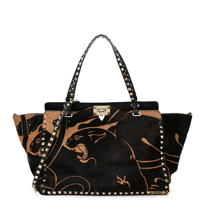 Valentino Garavani Calf Hair Jaguar Print Medium Rockstud Tote Beige Black 1 of 13