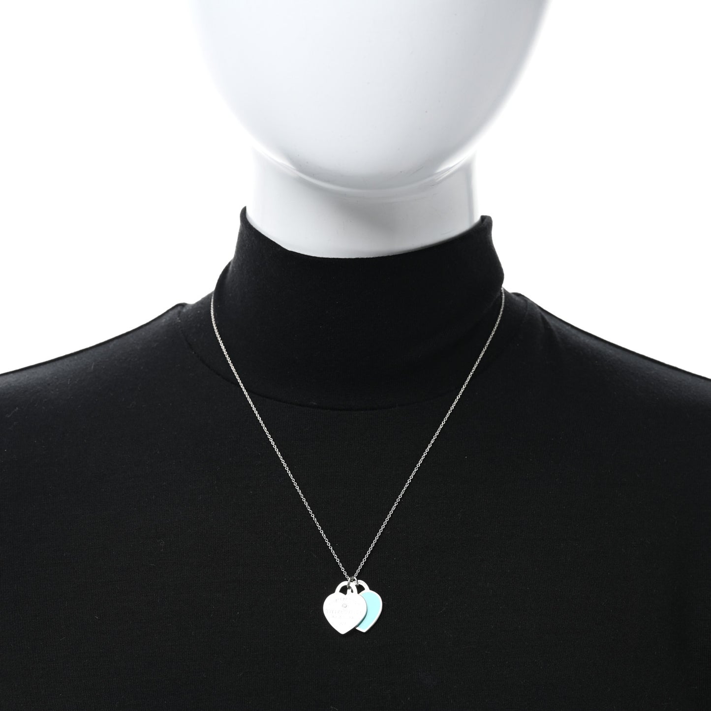 Sterling Silver Enamel Diamond Return to Tiffany Double Small Heart Tag Pendant Necklace Blue
