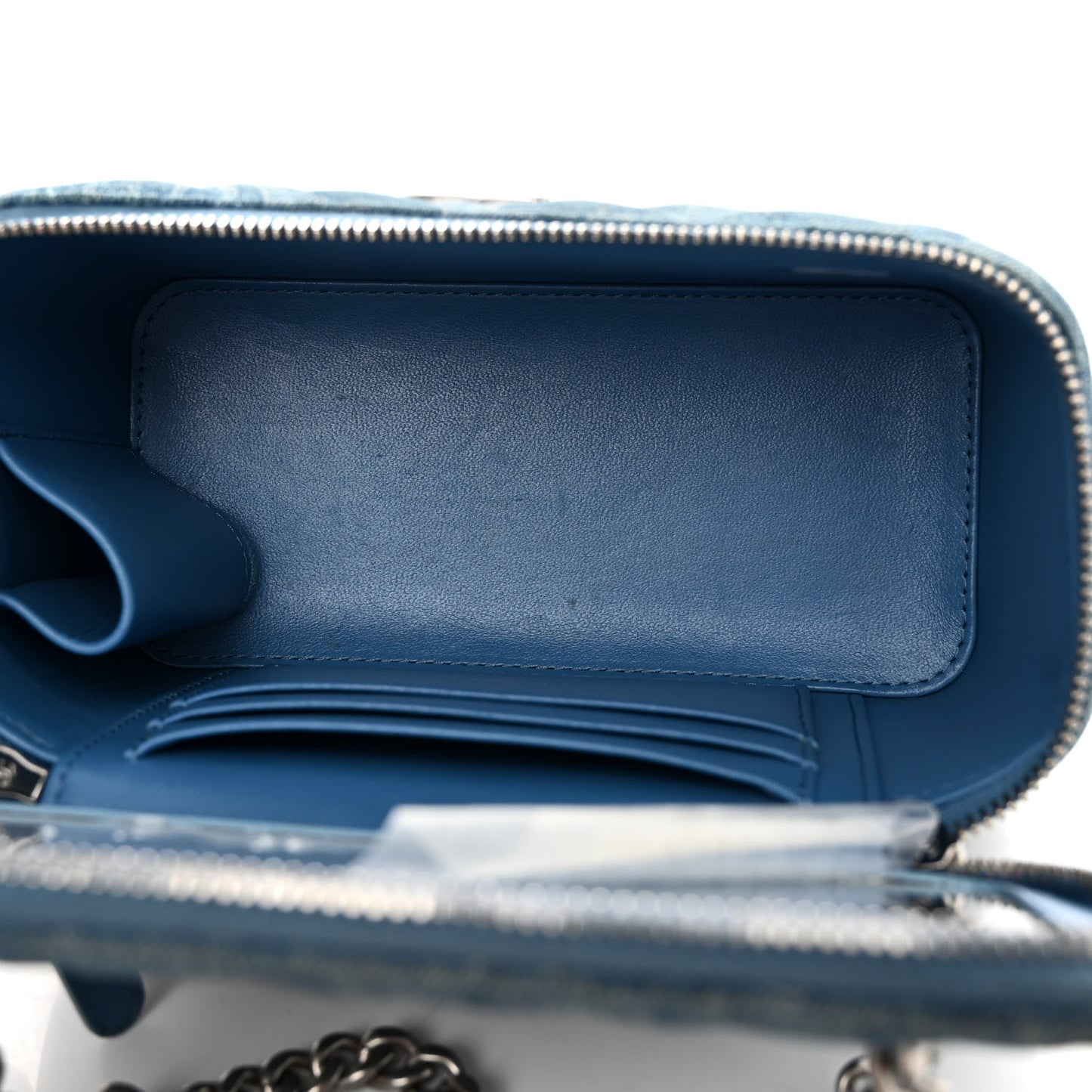 Denim Quilted Sweetheart Small Vanity Case With Chain Blue