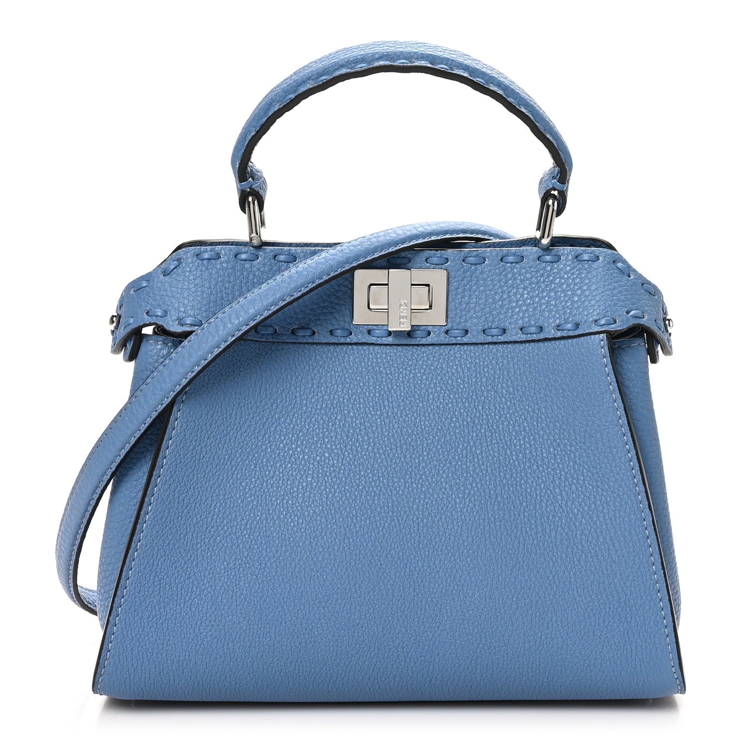 Fendi Cuoio Romano Selleria Macro Stitchings Mini Peekaboo Iconic Satchel Placca Argento Blue 1 of 10