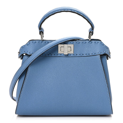 Fendi Cuoio Romano Selleria Macro Stitchings Mini Peekaboo Iconic Satchel Placca Argento Blue 1 of 10