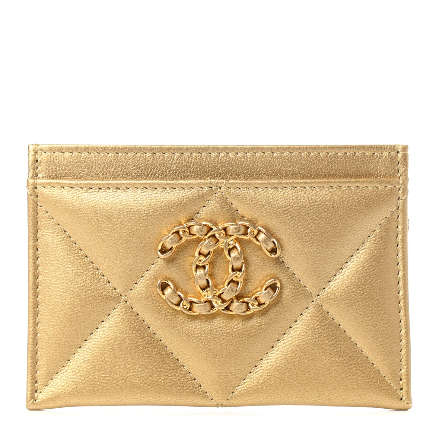 Metallic Lambskin Quilted Chanel 19 Card Holder Gold