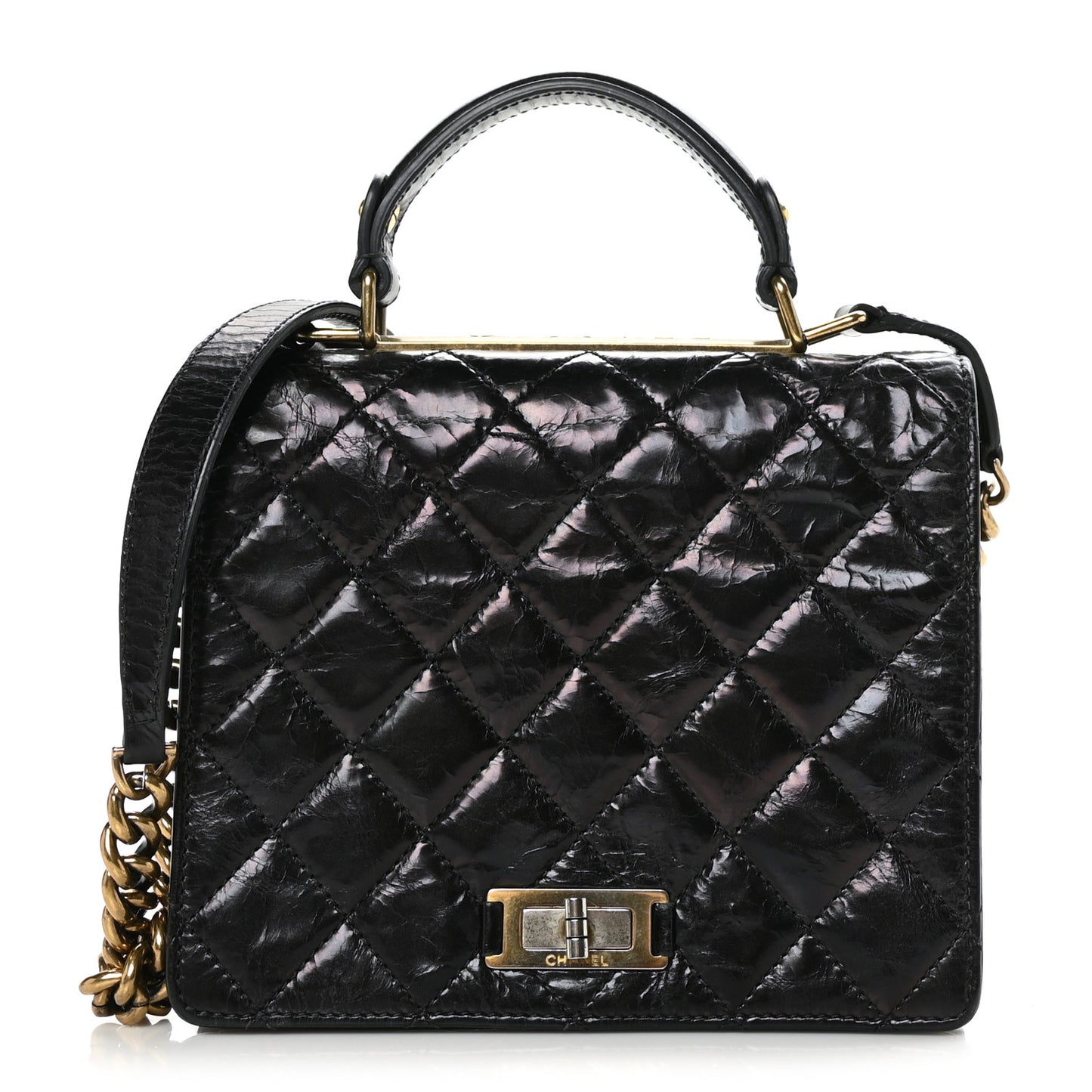 Glazed Calfskin Quilted Rita Top Handle Flap Black