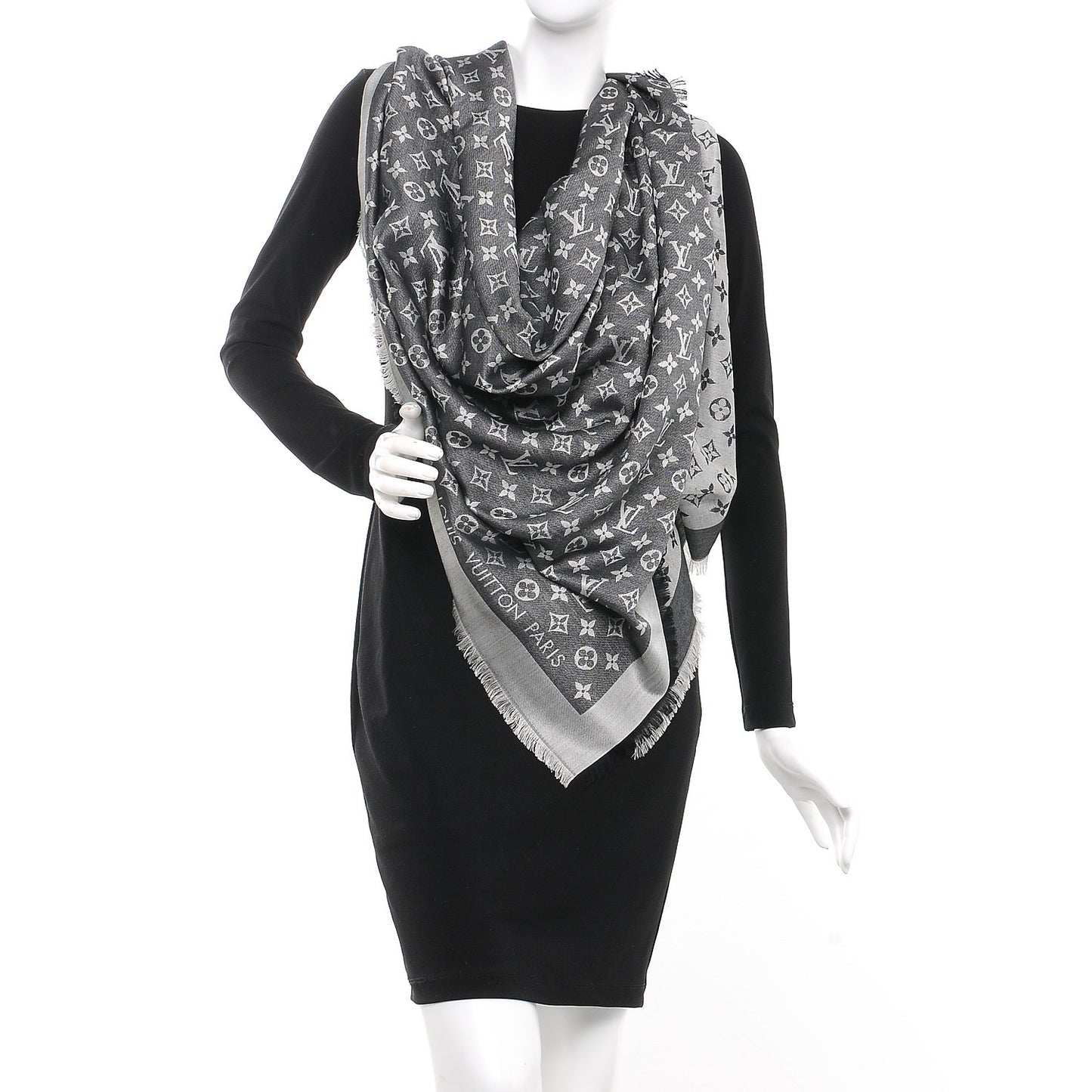 Silk Wool Monogram Denim Shawl Black