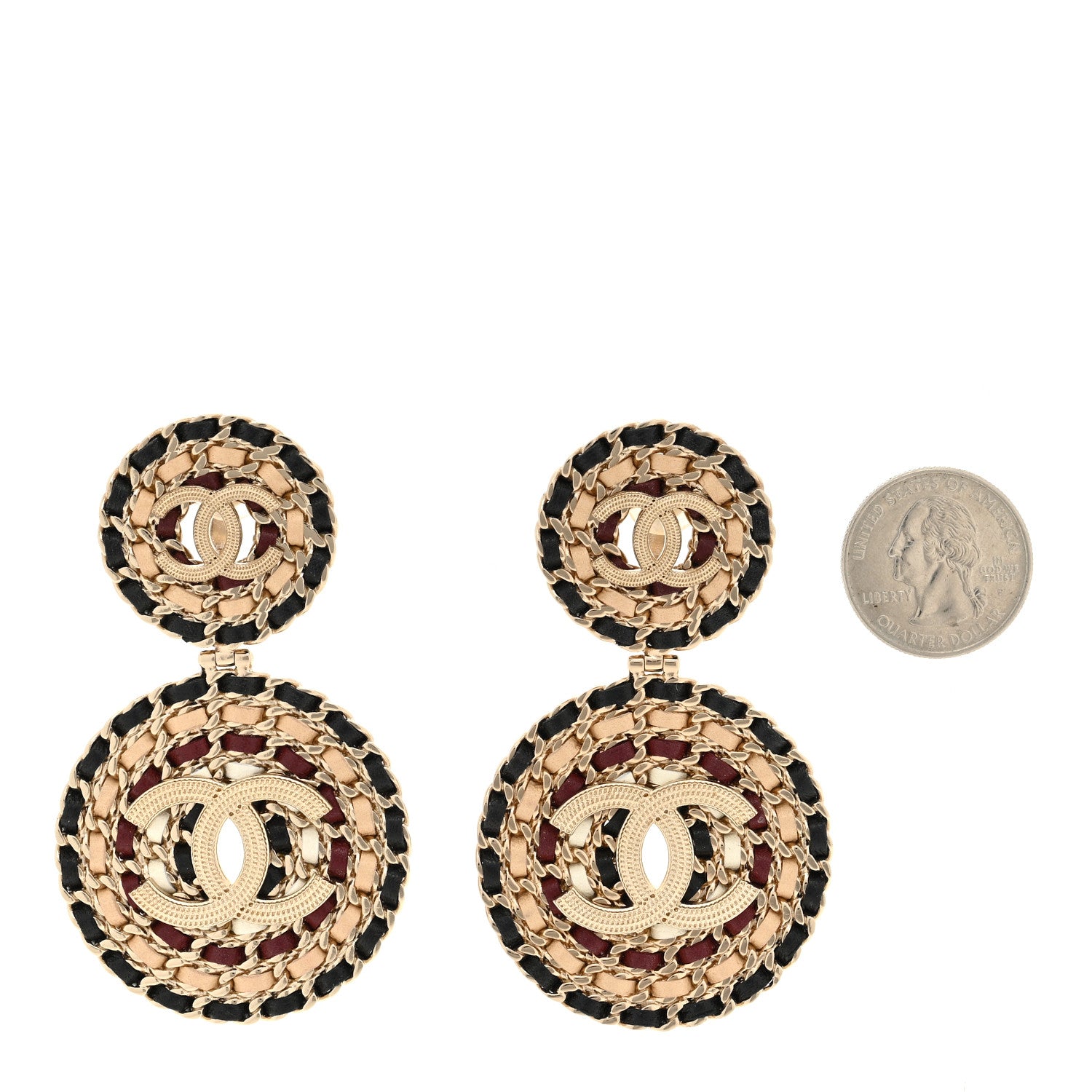 Chanel Lambskin Leather Medals CC Drop Clip On Earrings Black Beige Gold 2 of 4