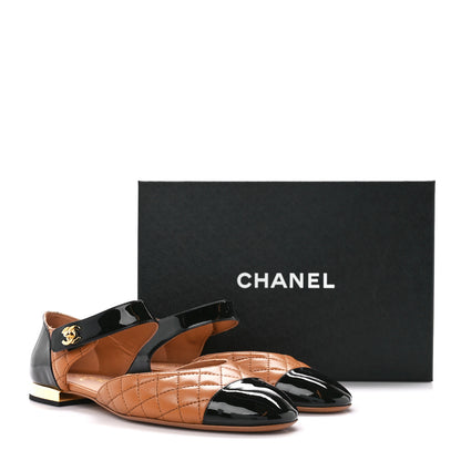 Chanel Patent Lambskin Quilted Cap Toe Ballerina Flats 41 Light Brown Black 9 of 9