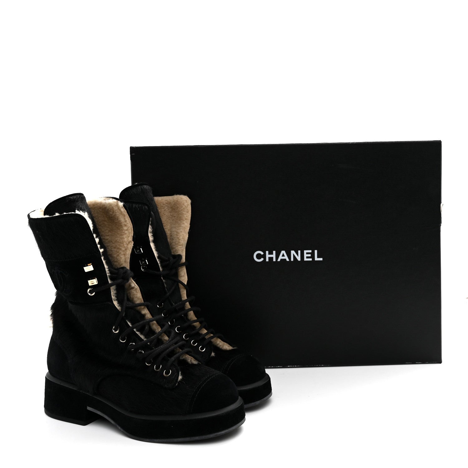 Chanel Suede Pony Hair Shearling Lace Up Combat Boots 37.5 Black White 10 of 10