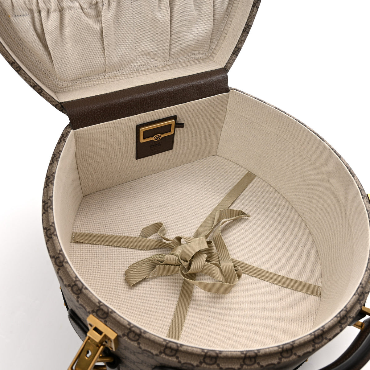 Gucci GG Supreme Monogram Textured Dollar Calfskin Web Small Savoy Hat Box Beige Ebony New Acero 4 of 8