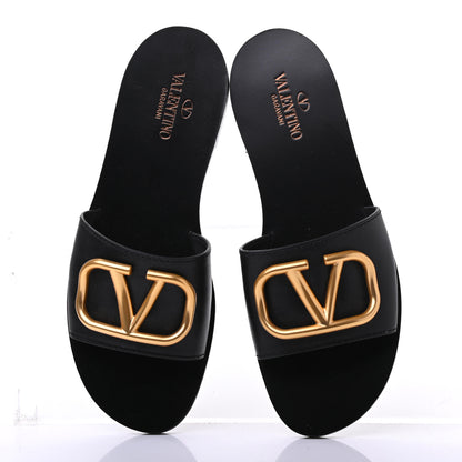 Valentino Garavani Grainy Cowhide Vlogo Flat Slide Sandals 38 Black 5 of 9