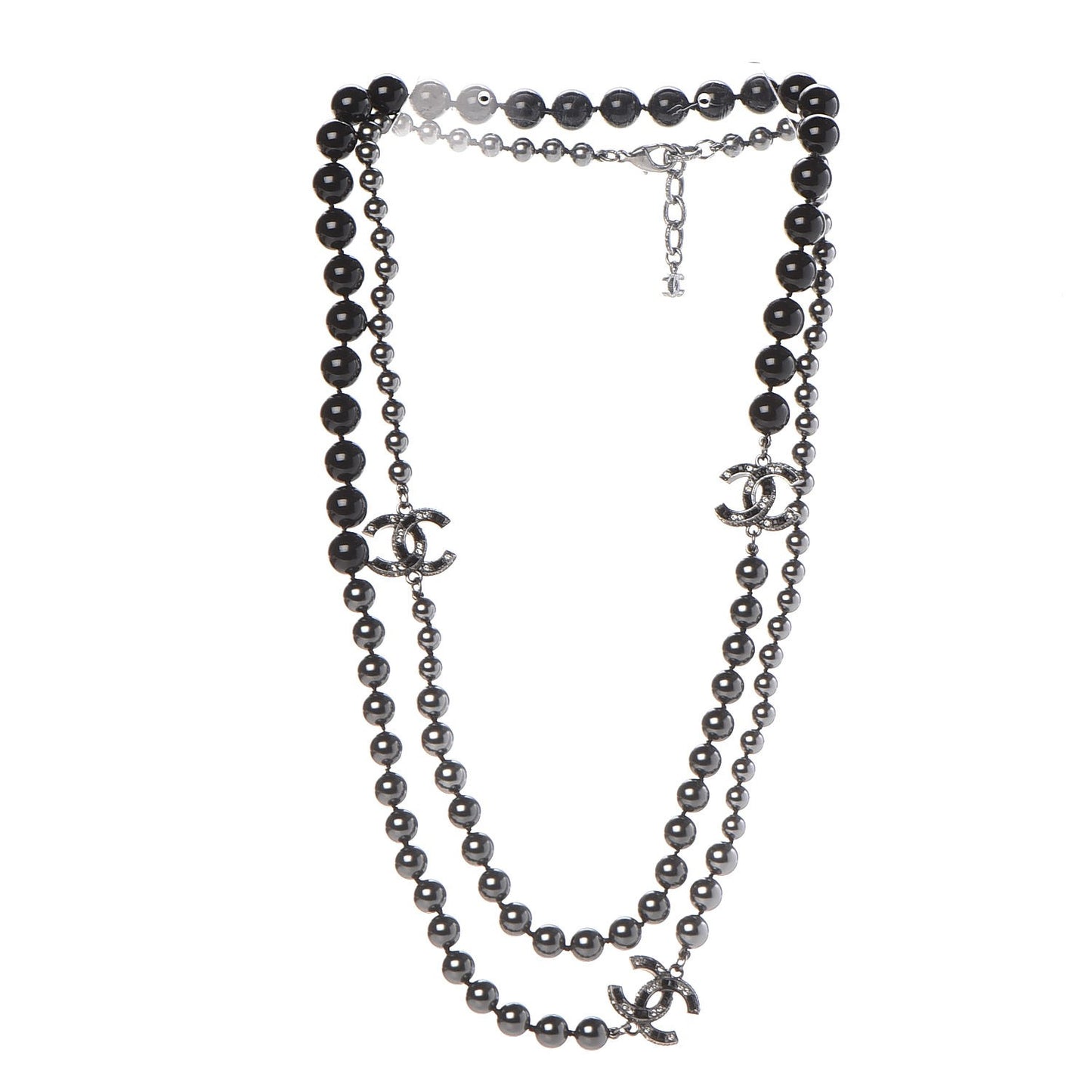 Ruthenium Graduated Bead Crystal CC Long Necklace Black