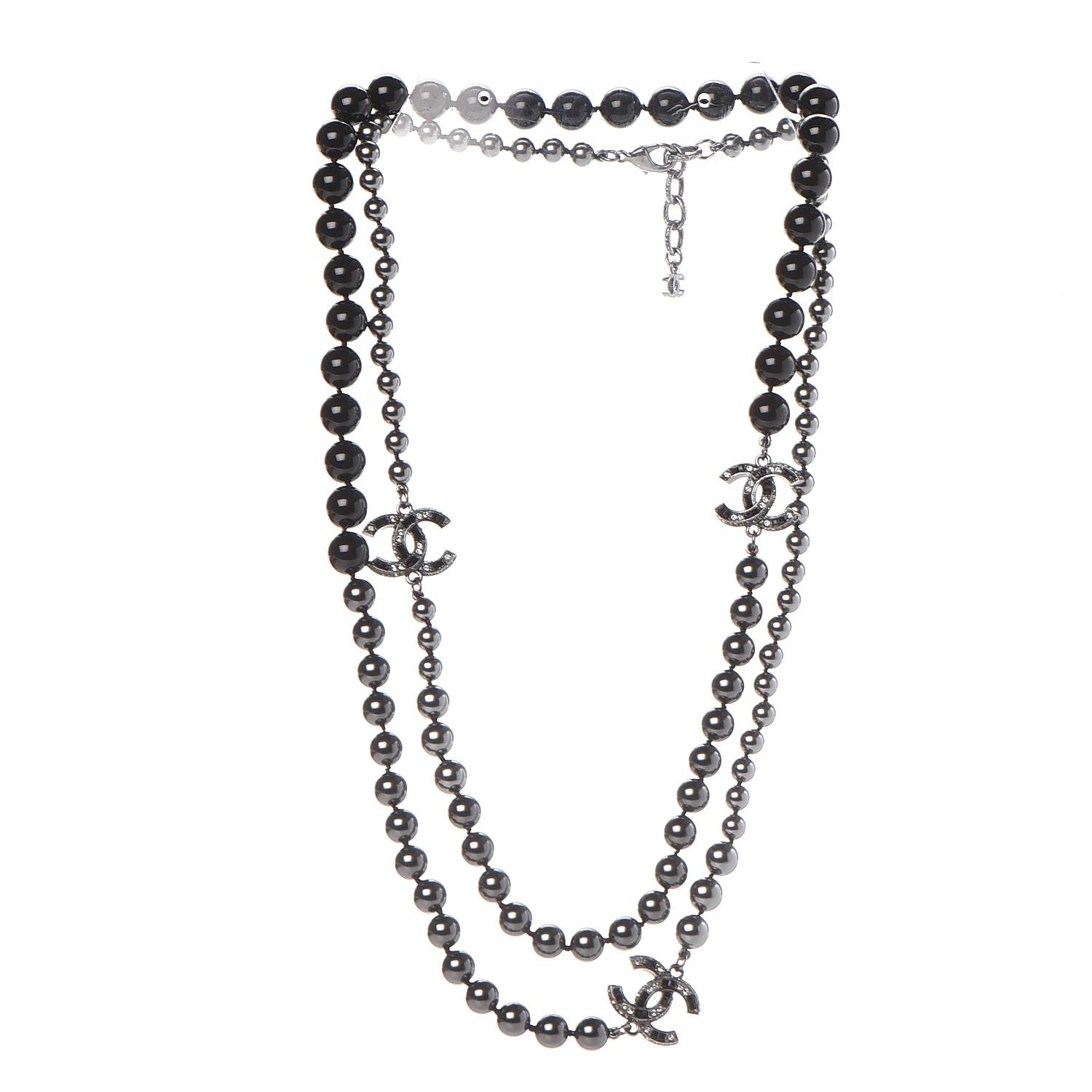 Chanel Ruthenium Graduated Bead Crystal CC Long Necklace Black 3 of 7