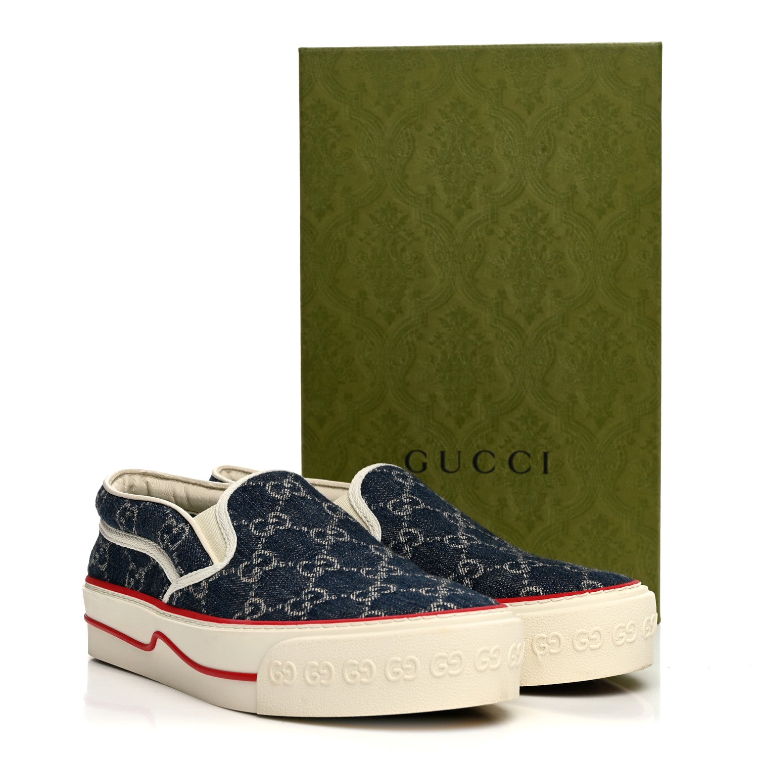 Gucci New Denim GG Monogram Womens 1977 Tennis Slip On 30mm Sneakers 37.5 Blue Tea Mystic White 9 of 9