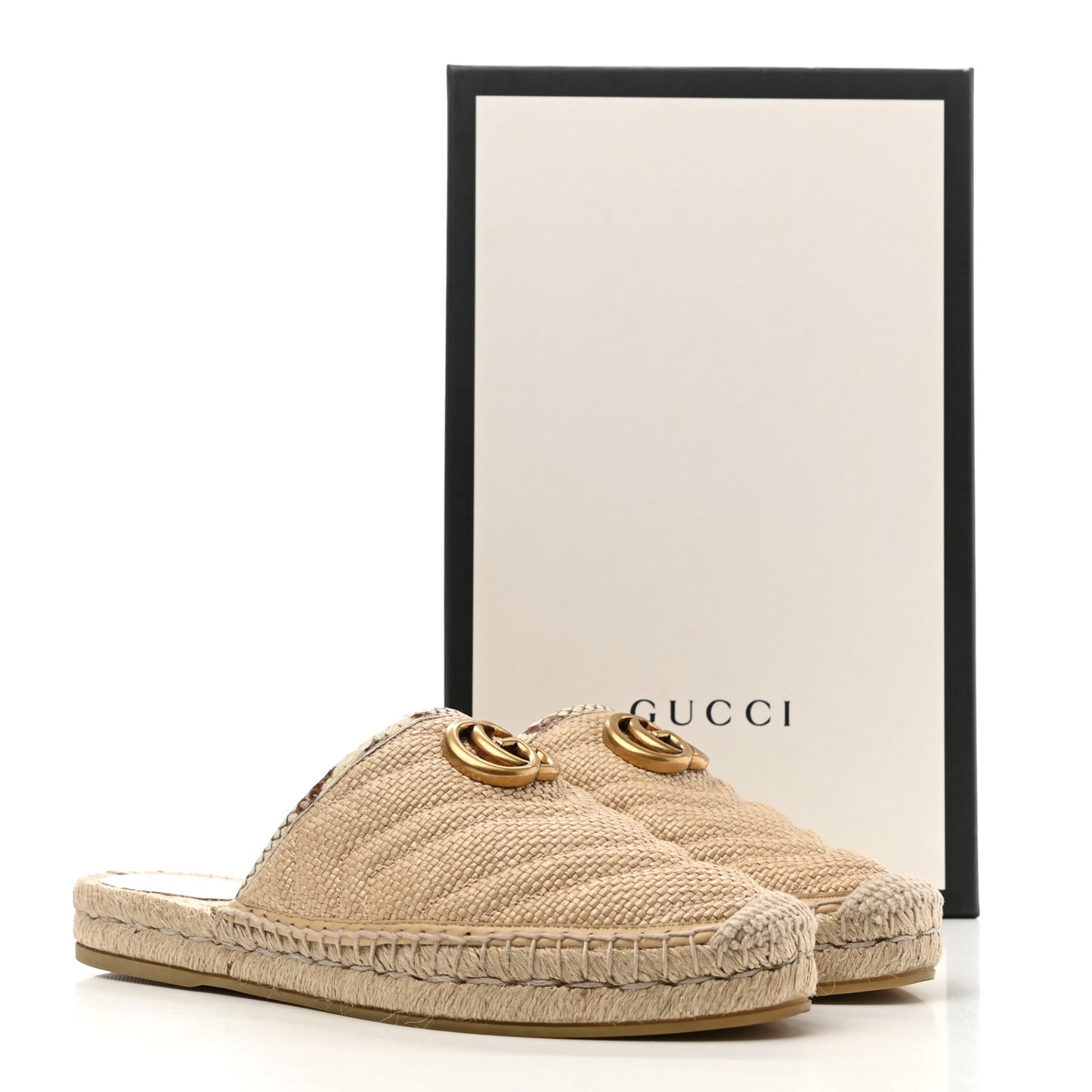 Straw Elaphe Matelasse GG Marmont Espadrille Slippers 38 Natural Cream Brown
