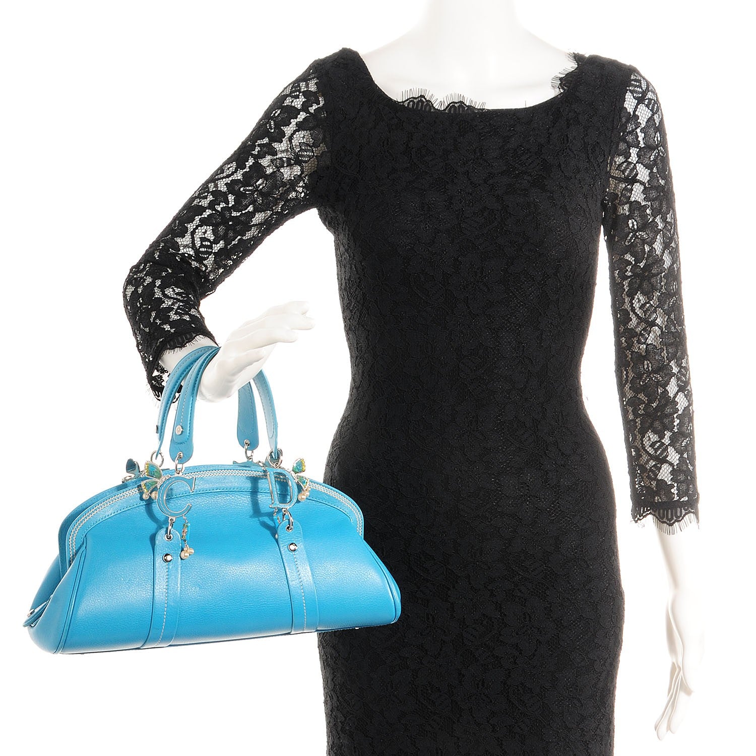 Christian Dior Leather Butterfly Pearls Frame Satchel Blue 14 of 24