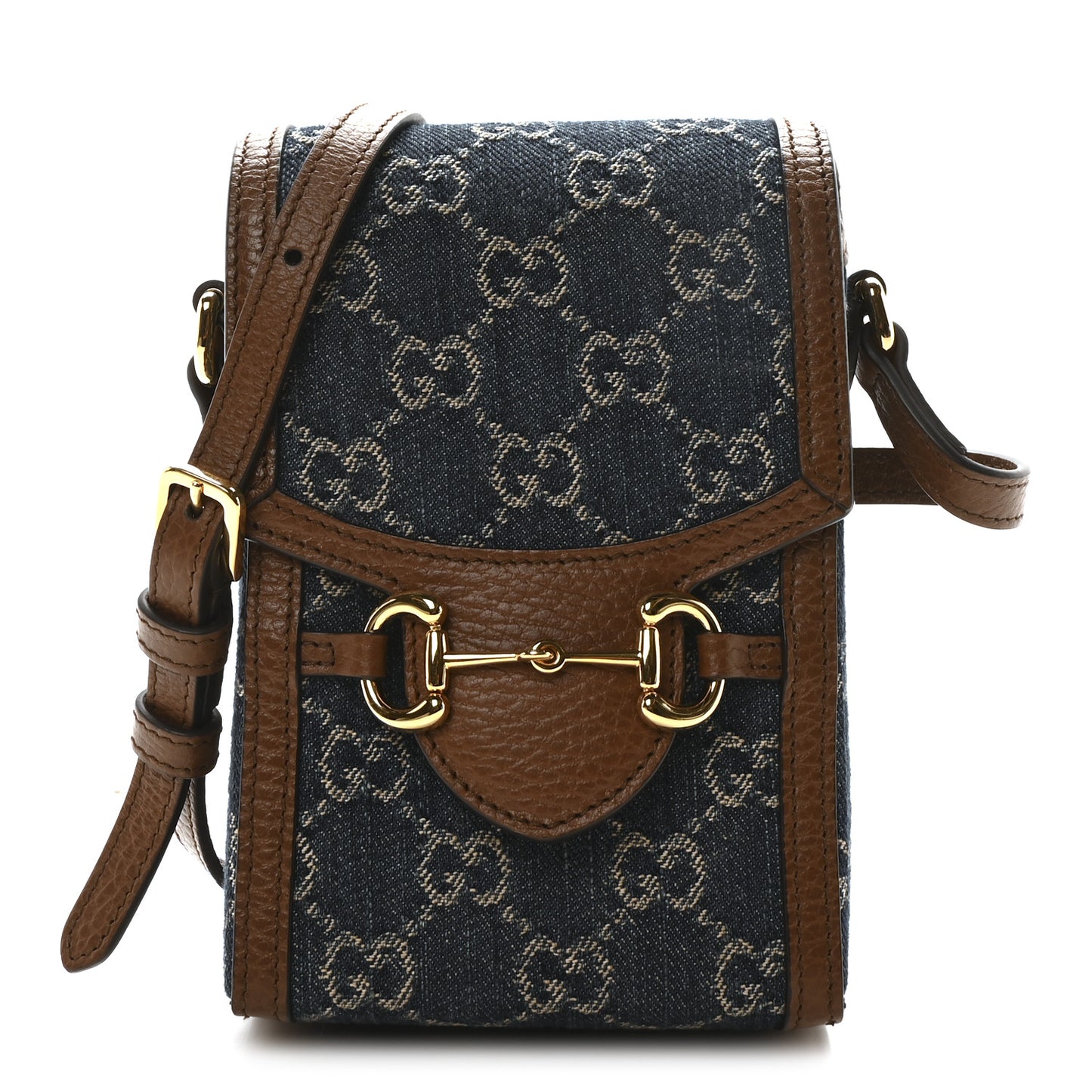 New Denim GG Monogram Dollar Calfskin Mini Horsebit 1955 Crossbody Bag Blue Tea Cuir Epilog