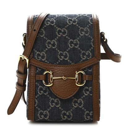 Gucci New Denim GG Monogram Dollar Calfskin Mini Horsebit 1955 Crossbody Bag Blue Tea Cuir Epilog 1 of 10