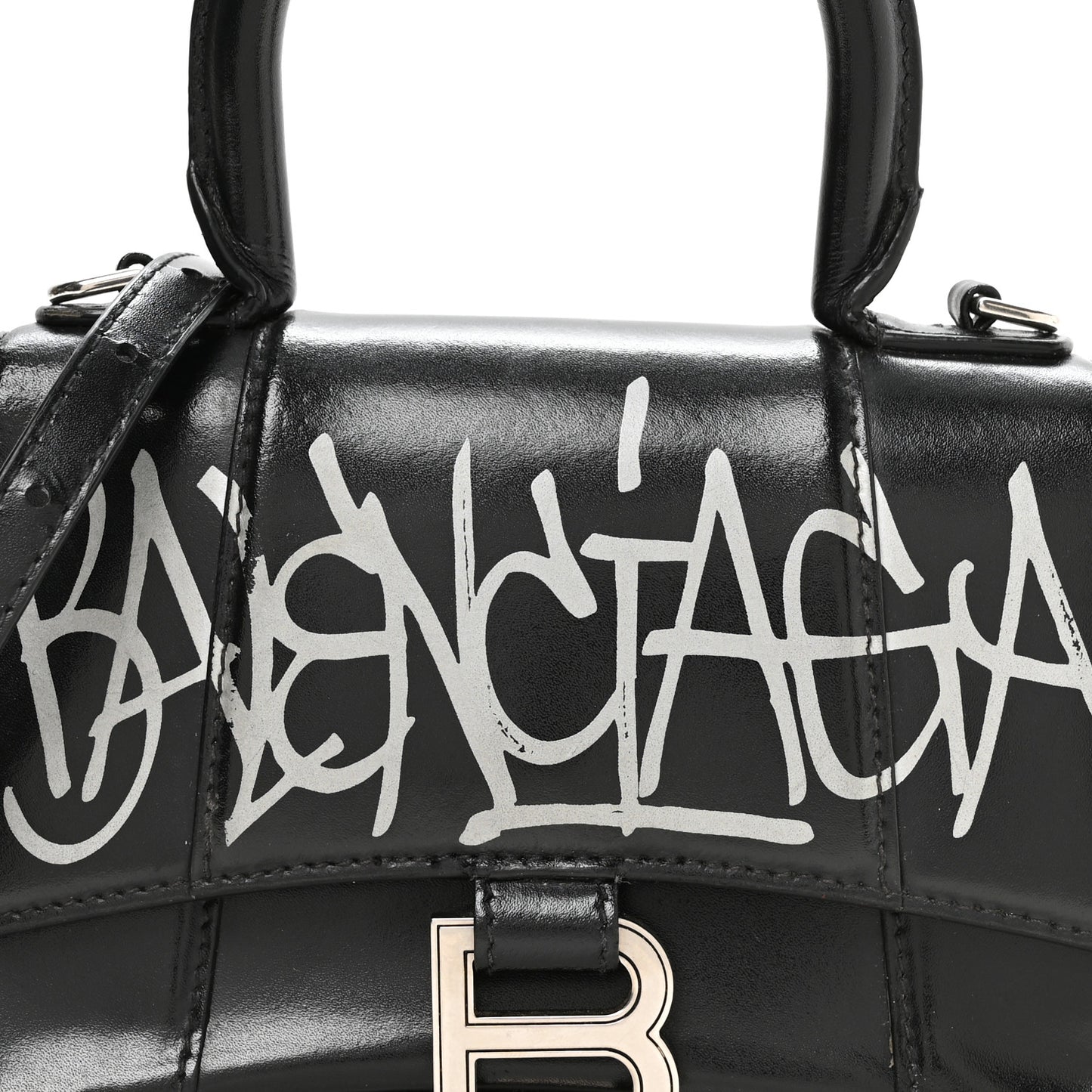 Box Calfskin Graffiti Logo Hourglass Top Handle Bag XS Black Silver