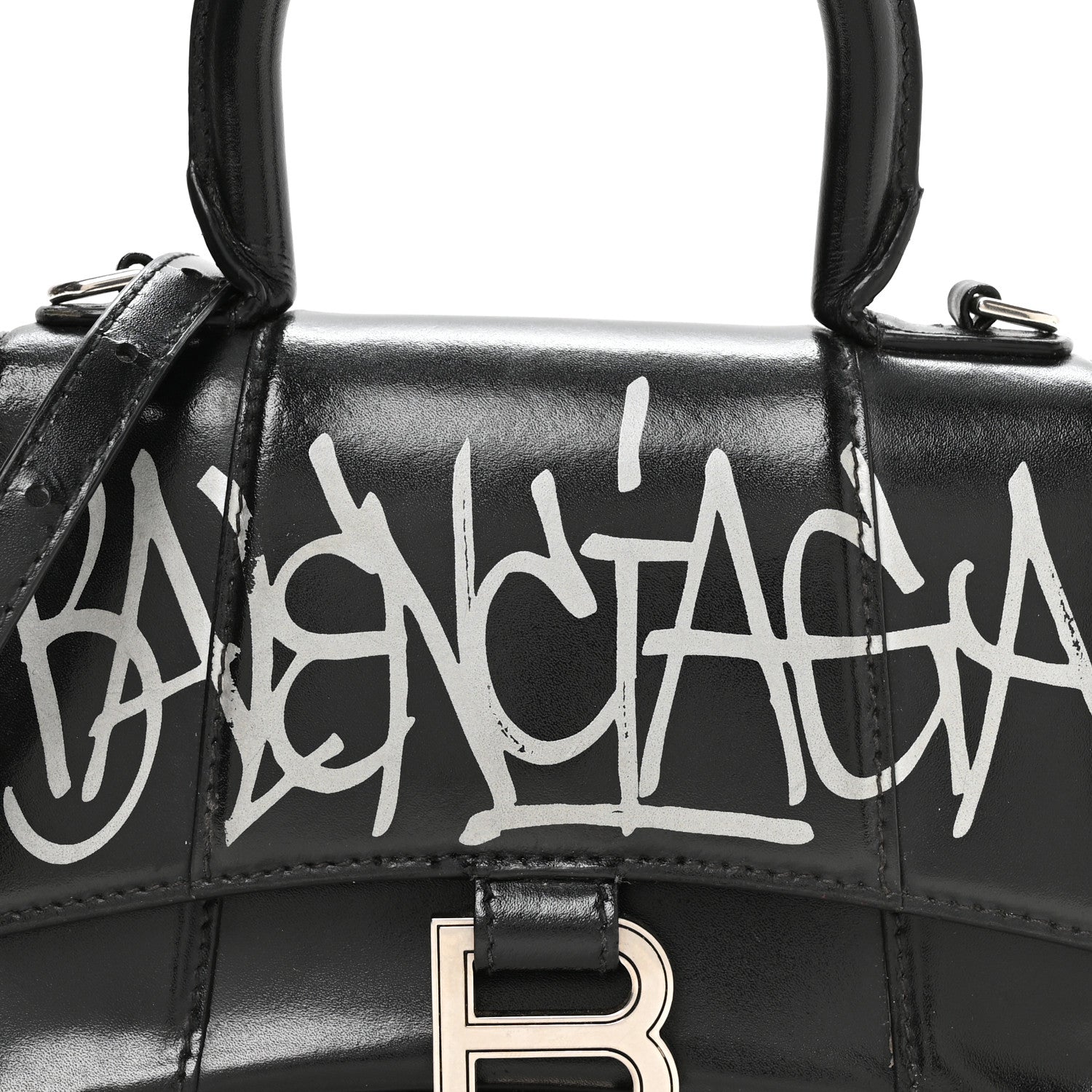 Balenciaga Box Calfskin Graffiti Logo Hourglass Top Handle Bag XS Black Silver 8 of 11