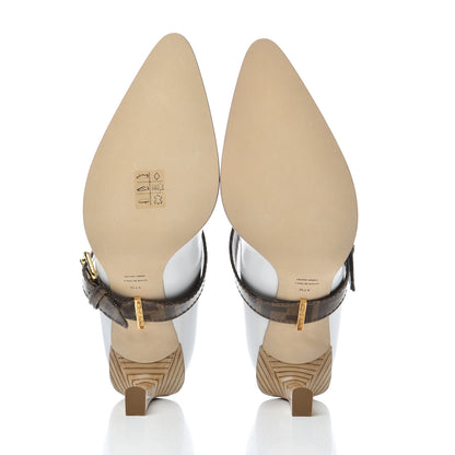 Fendi Glossy Neoprene Glazed Fabric FF FFrame Court Mary Jane Pumps 37.5 White Tobacco Moro 5 of 8