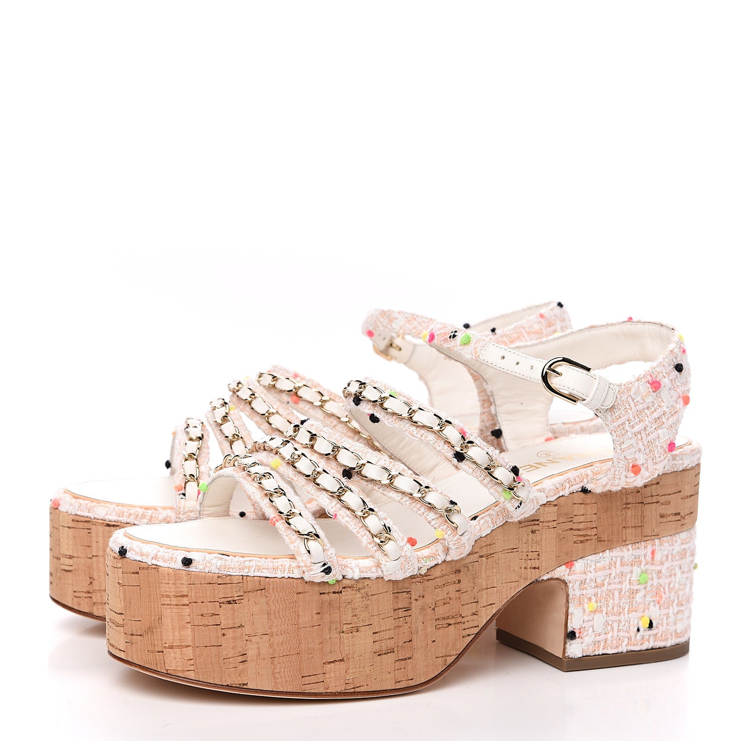 Chanel Tweed Chain Platform Sandals 41 Coral White 3 of 10