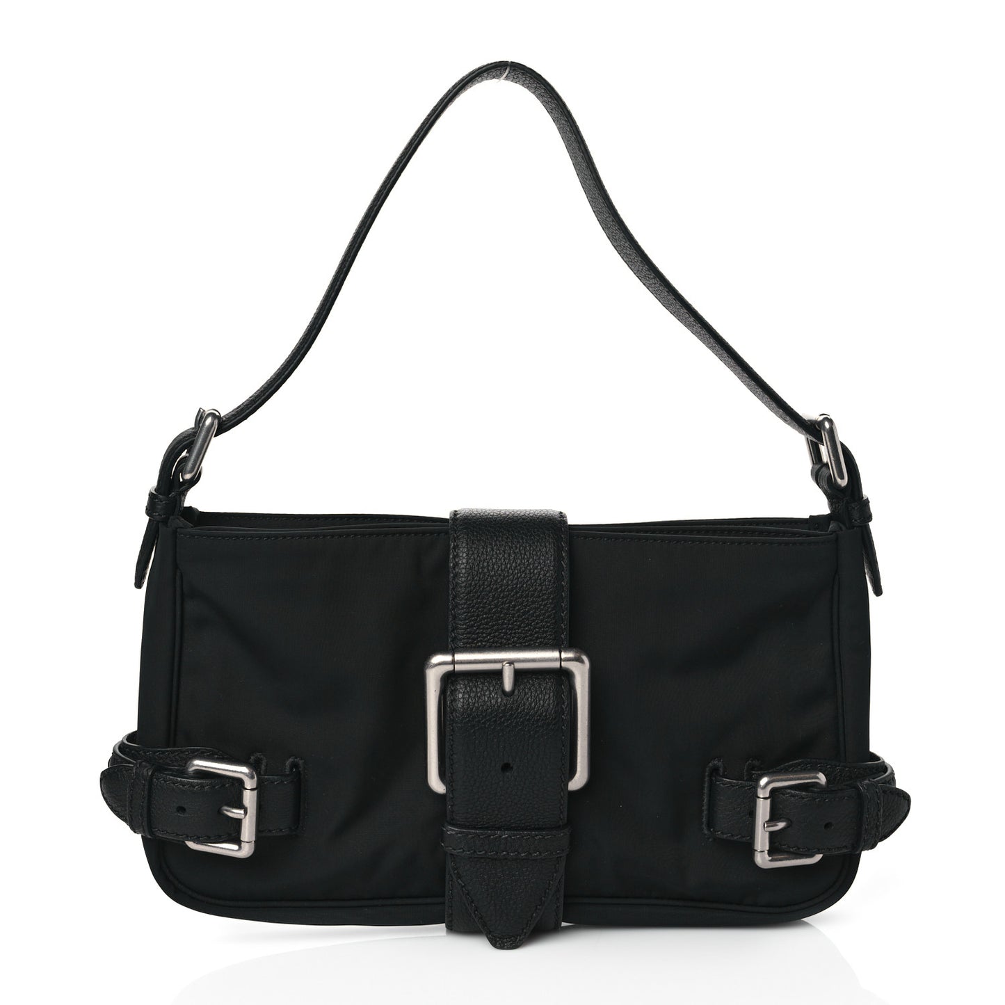 Nylon Grained Calfskin Mini Buckle Shoulder Bag Black