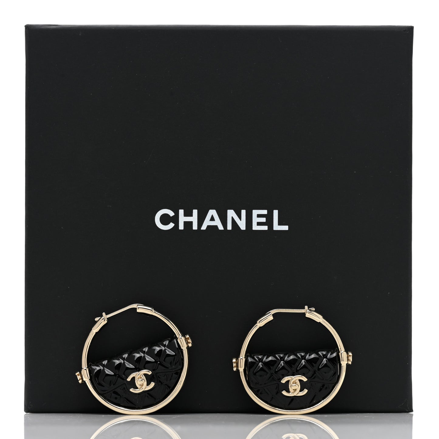 Metal Resin Quilted Flap Bag Hoop Earrings Black Gold