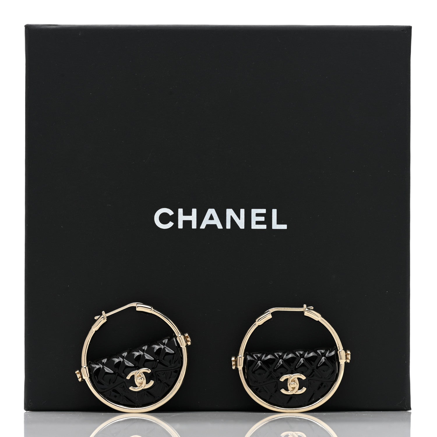 Chanel Metal Resin Quilted Flap Bag Hoop Earrings Black Gold 4 of 4