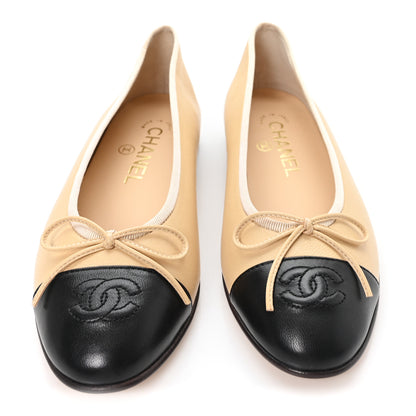 Chanel Lambskin Cap Toe CC Ballerina Flats 35.5 Beige Black 3 of 10