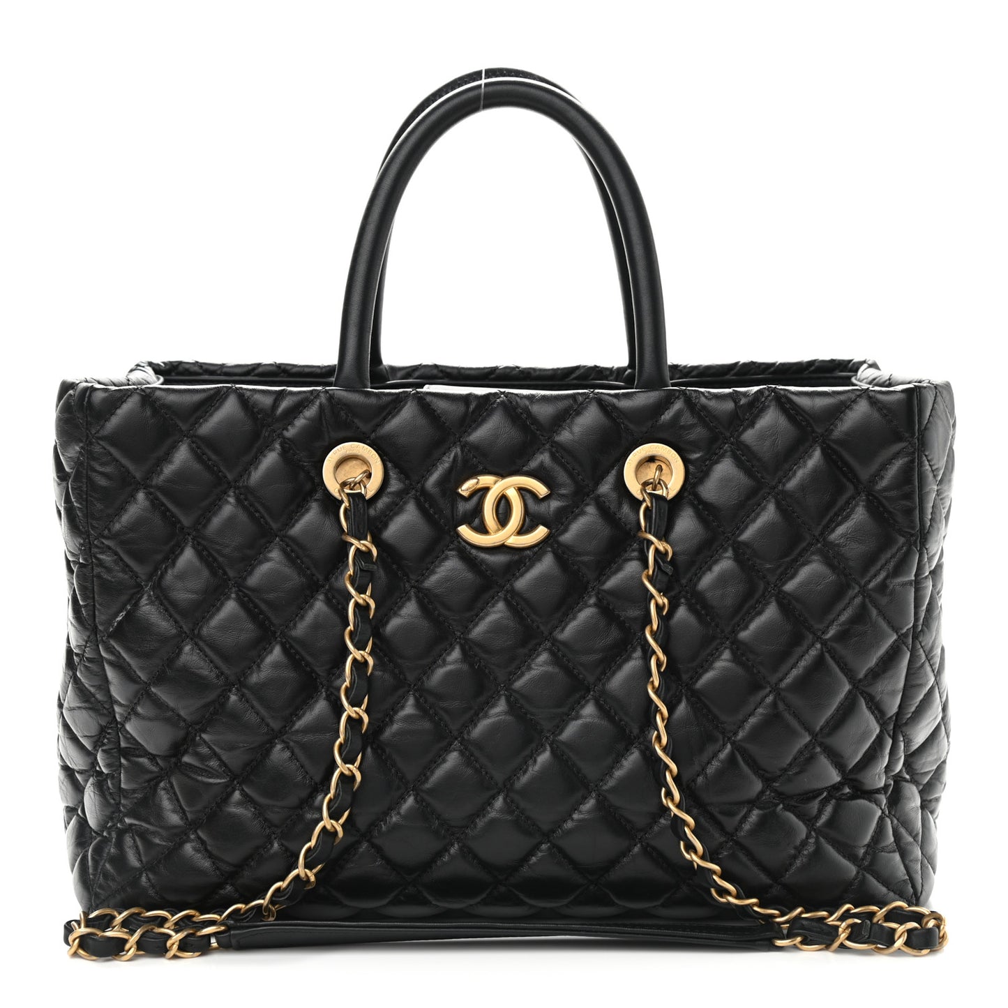 Aged Calfskin Quilted Coco Handle Shopping Tote Black