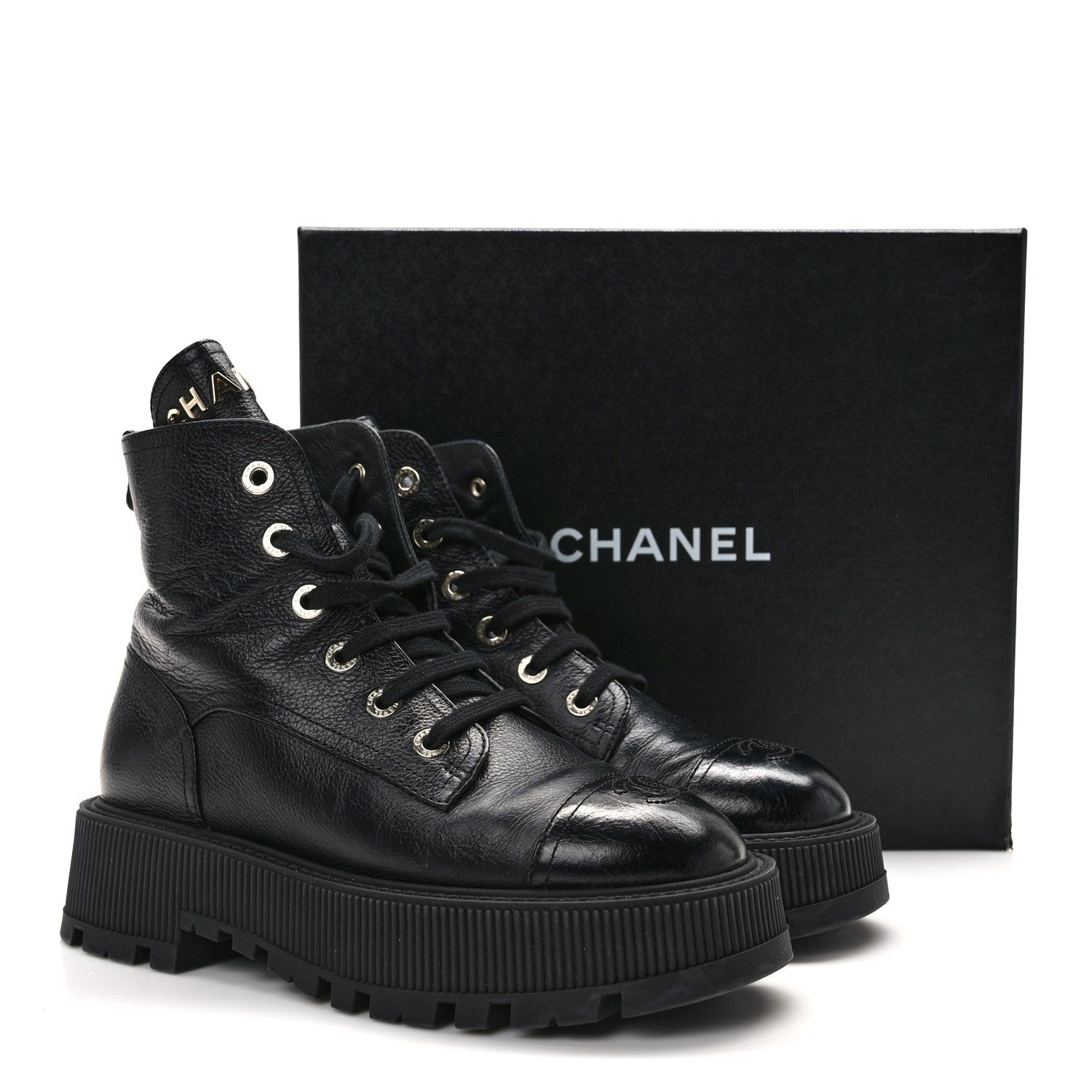 Chanel Grained Shiny Calfskin CC Lace Up Combat Boots 38 Black 11 of 11