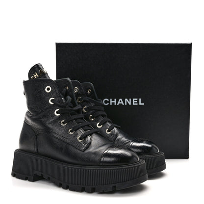 Chanel Grained Shiny Calfskin CC Lace Up Combat Boots 38 Black 11 of 11